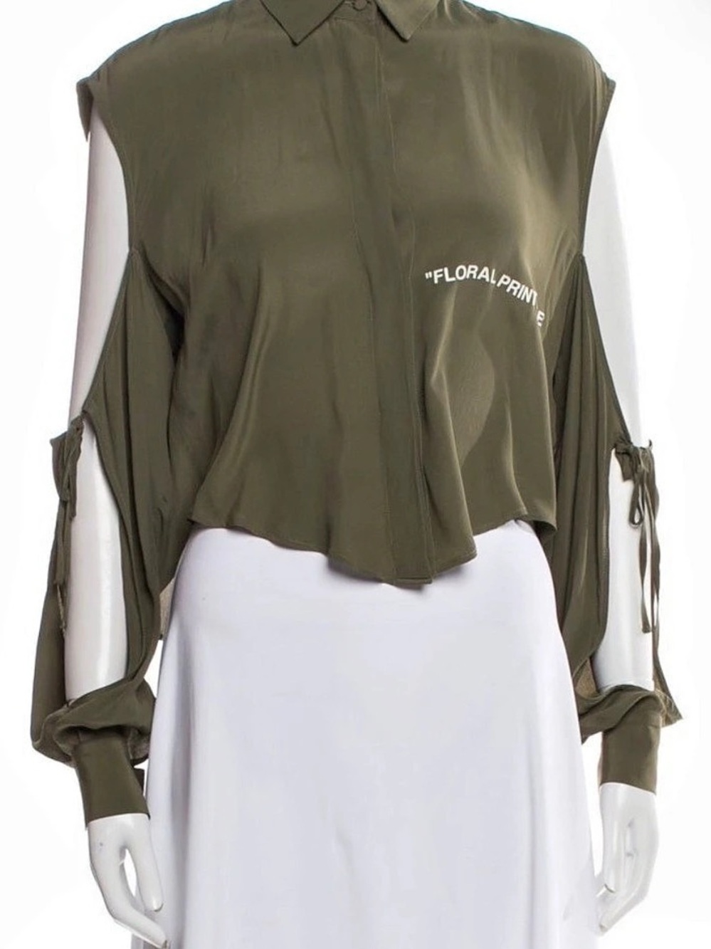Off-White Floral Print Cutout Long Sleeve Button-Up Shirt Olive Cropped Button